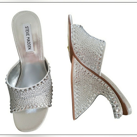 New Steve Madden Baddie Rinestone Silver 8.5 Bling Sexy Sculpture Heel Mule - Picture 1 of 11